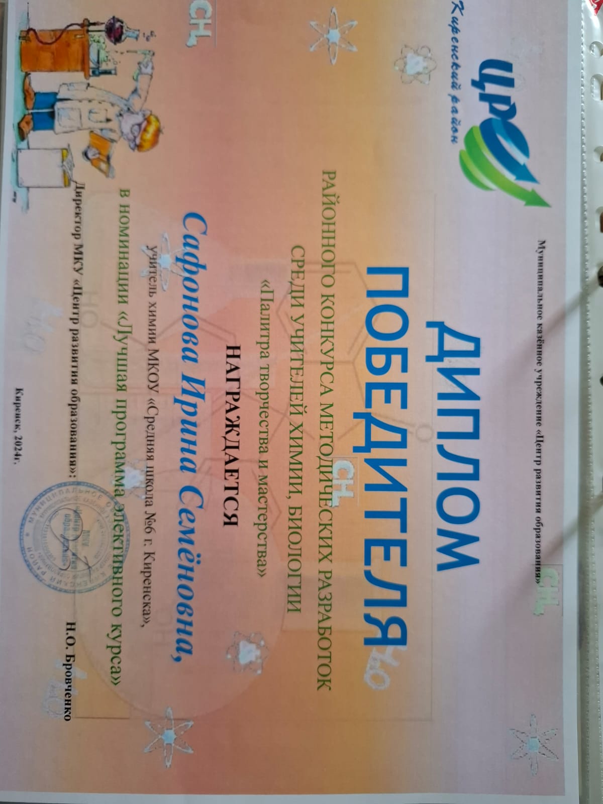 Диплом победителя районного конкурса методических разработок.